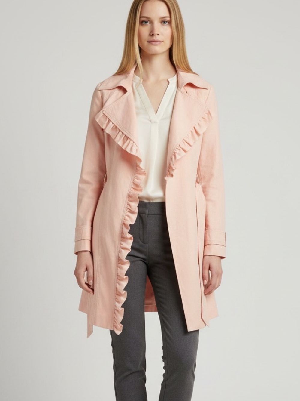 Jessica Simpson Pink Ruffle Trim Zip Belted Trench Coat Jacket Size S